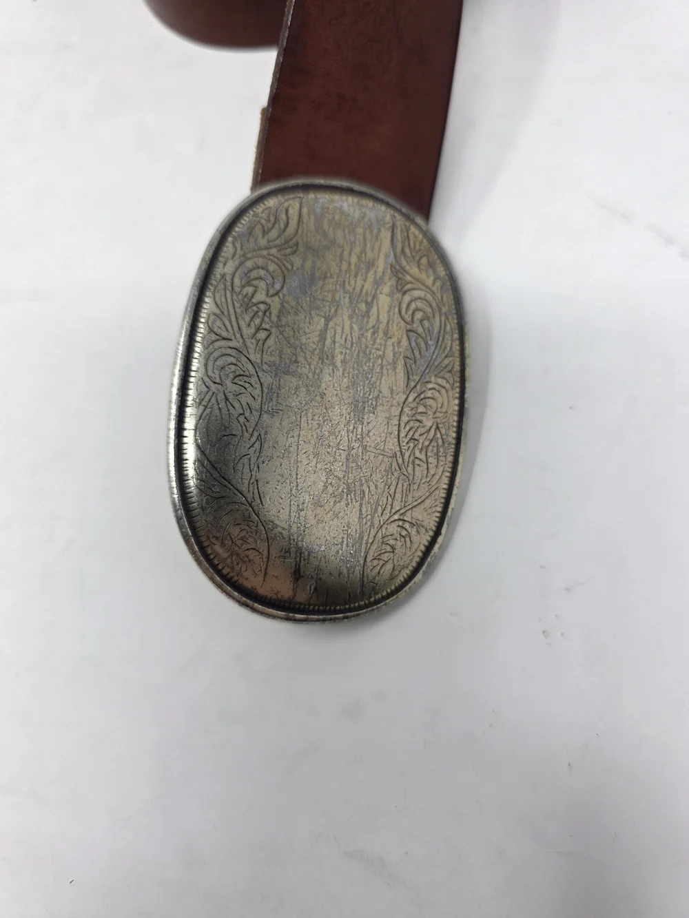 Abercrombie & Fitch Vtg Brown Leather Western Belt Oval Engraved Buckle Size S